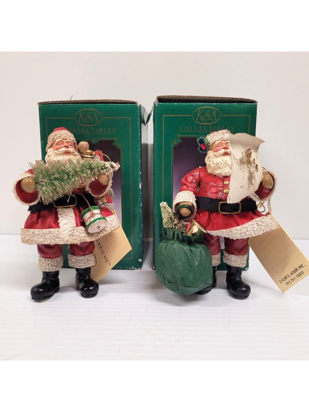 Kurt S Adler Set 2 Fabriche Santa Claus Hanging Ornament 5 1/2'' Christmas 1990s